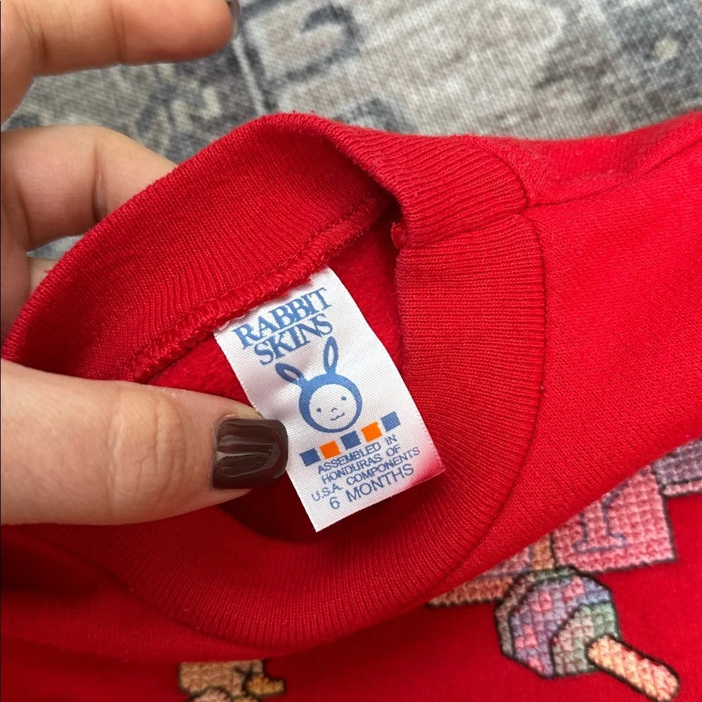 Vintage rabbit skins Red Baby One Piece cross stitch embroidered fleece onesie 6